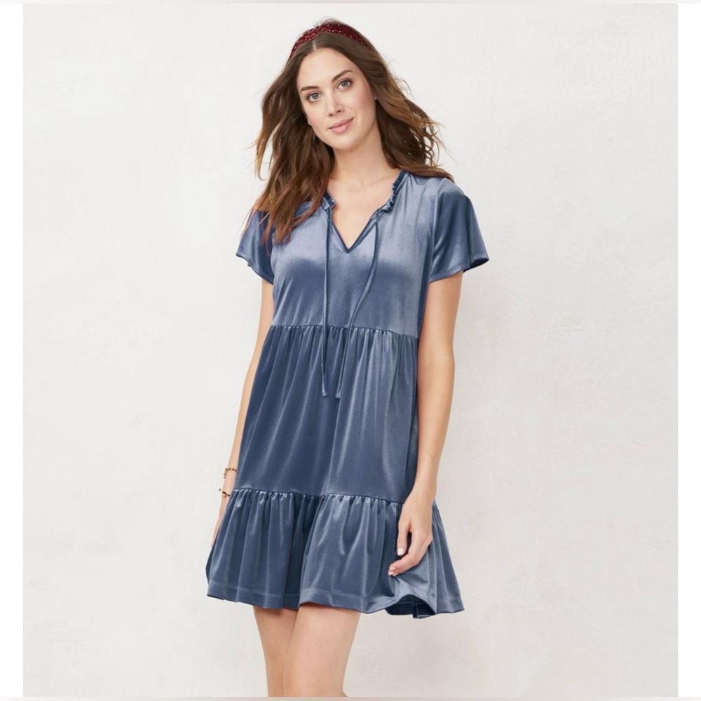 LC Lauren Conrad Blue Satin Tiered V-Neck Mini Dress
